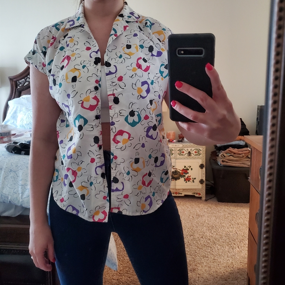 Vintage 90s Cabrais white rainbow floral short sleeve pop over blouse S